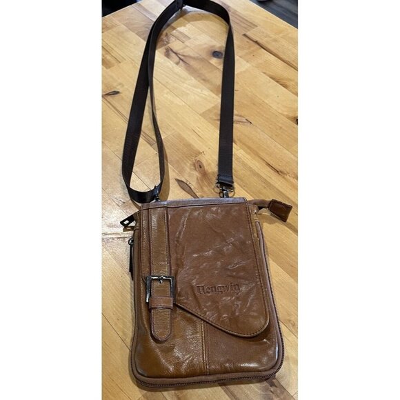 Hengwin Brown Leather Crossbody Shoulder Bag - Picture 1 of 10